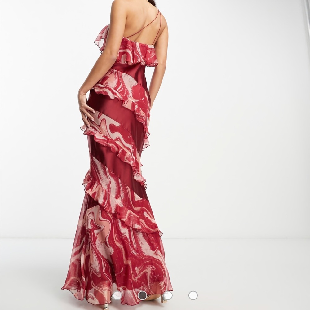 ASOS DESIGN satin bias ruffle maxi dress in red with marble print